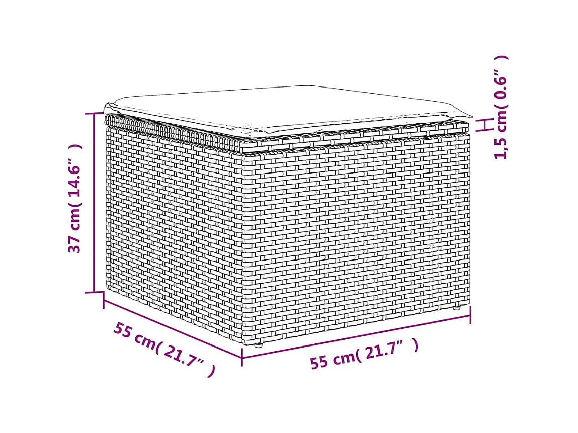 Tabouret de jardin coussin gris clair 55x55x37cm résine tressée