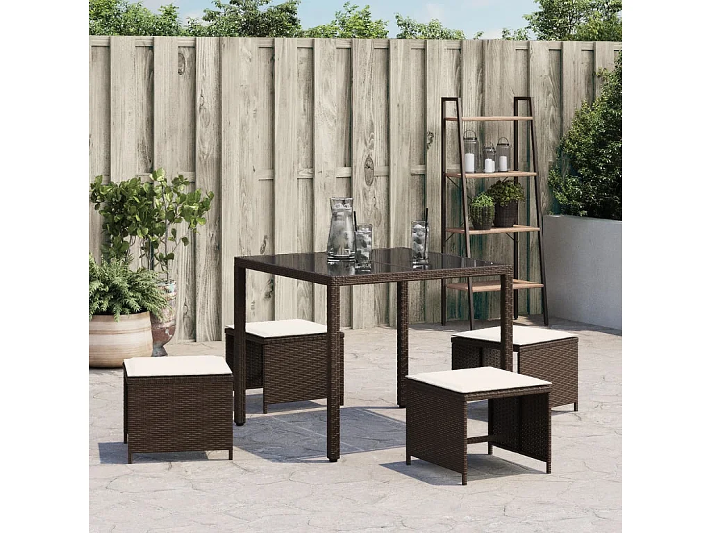 Conjunto de 4 bancos e almofadas de jardim em resina tecida marrom