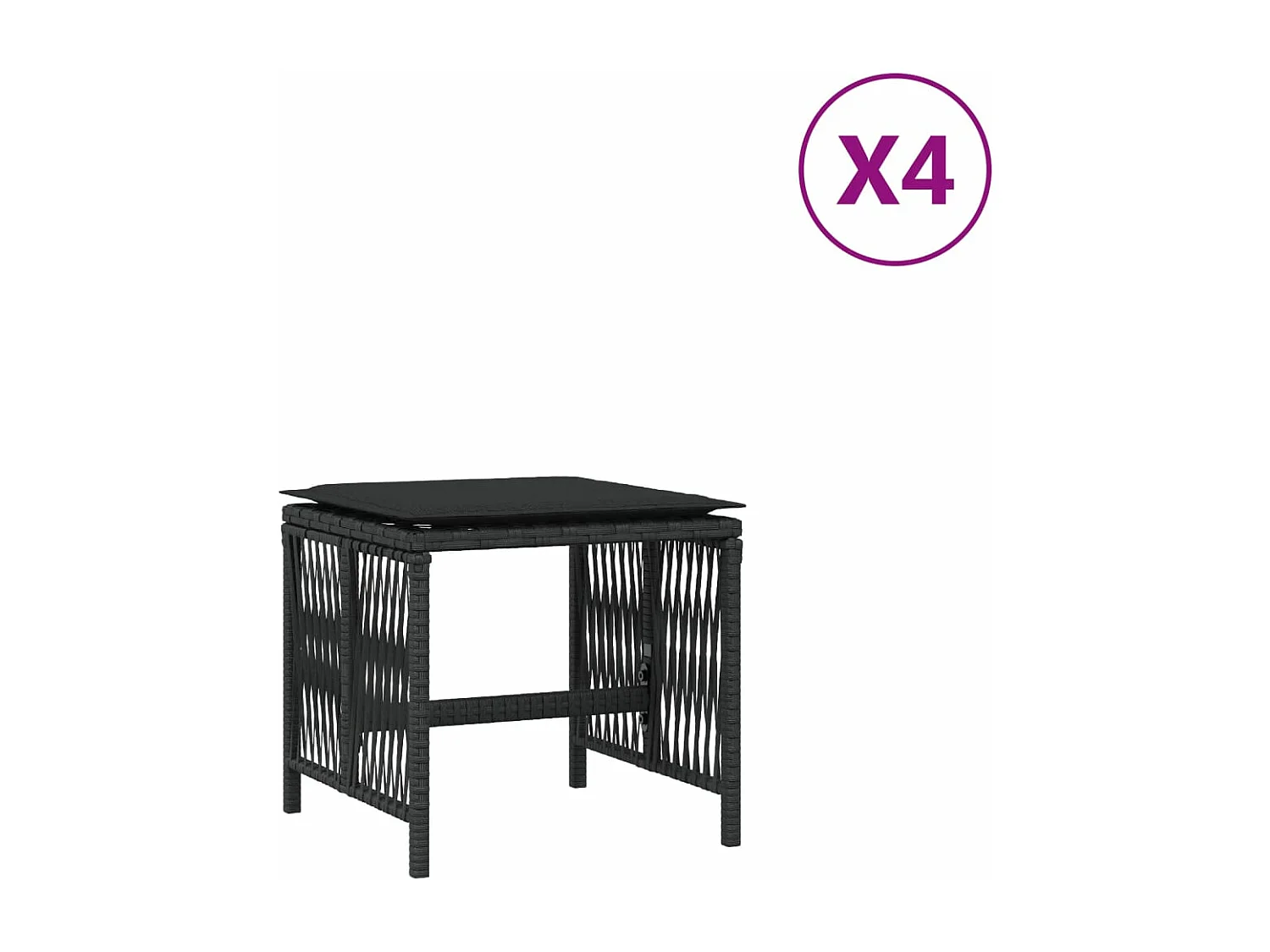 Gartenhocker und Kissen, 4er-Set, schwarz, 41 x 41 x 36 cm, Rattan
