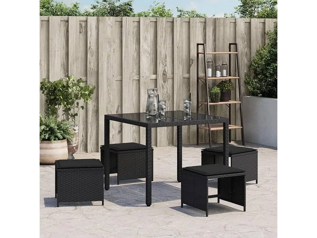 Gartenhocker und Kissen, 4er-Set, schwarz, 41 x 41 x 36 cm, Rattan