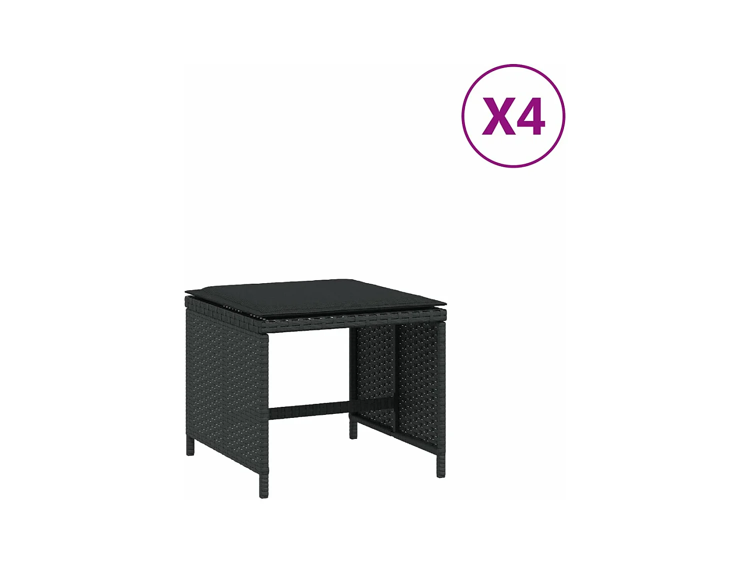 Gartenhocker und Kissen, 4er-Set, schwarz, 41 x 41 x 36 cm, Rattan