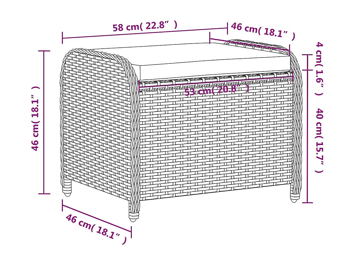 Tabouret de jardin avec coussin gris 58x46x46 cm résine tressée