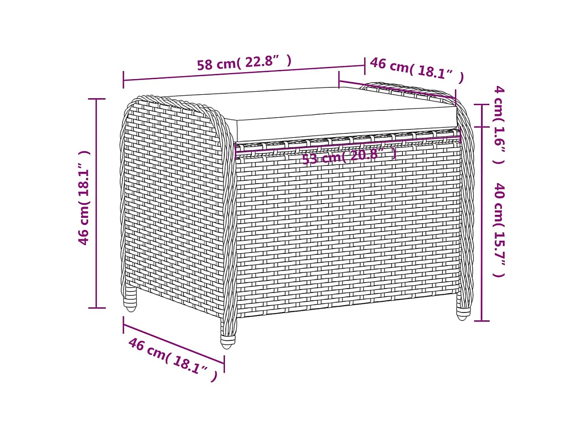 Tabouret de jardin avec coussin gris 58x46x46 cm résine tressée