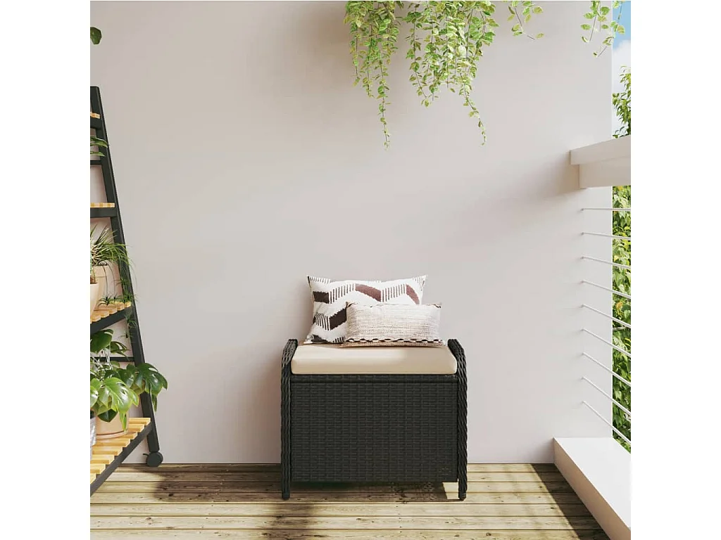 Tabouret de jardin avec coussin noir 58x46x46 cm résine tressée