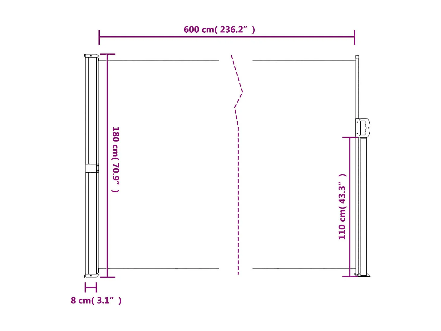 Auvent latéral rétractable blanc 180x600 cm