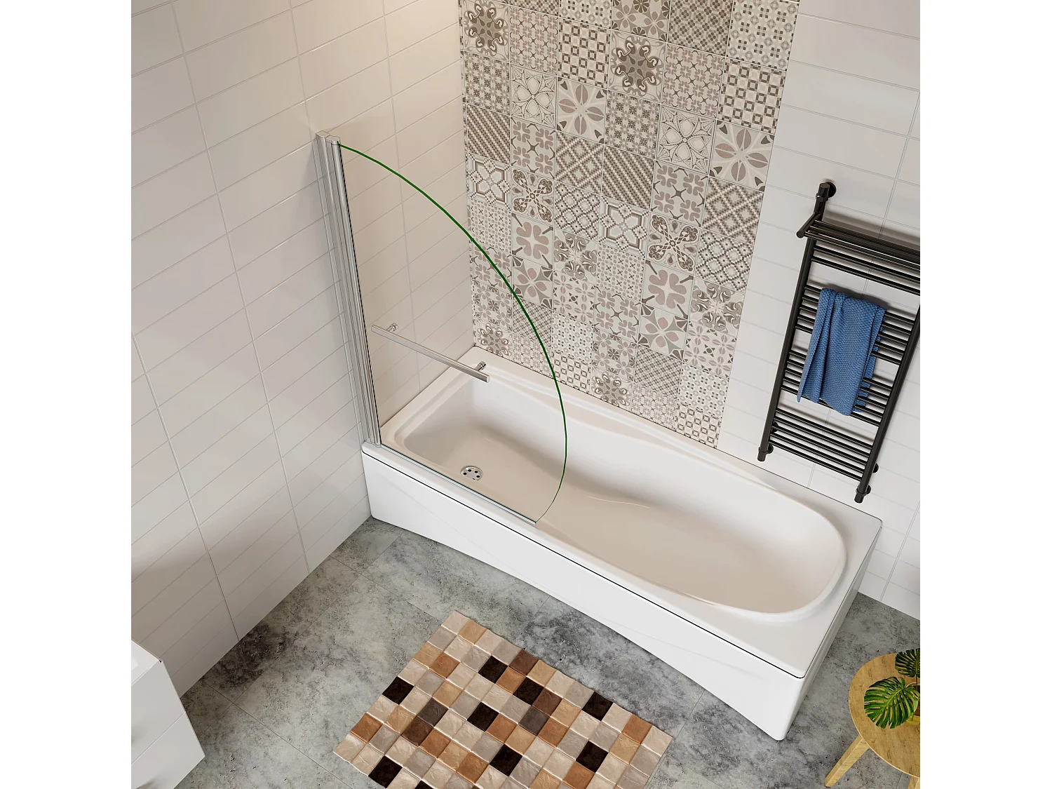 100x150cm Parete Vasca Doccia Sopravasca Singolo Pannello Forma Vela Girevole in Vetro Temperato 8 mm Anticalcare Telaio Cromato Lucido