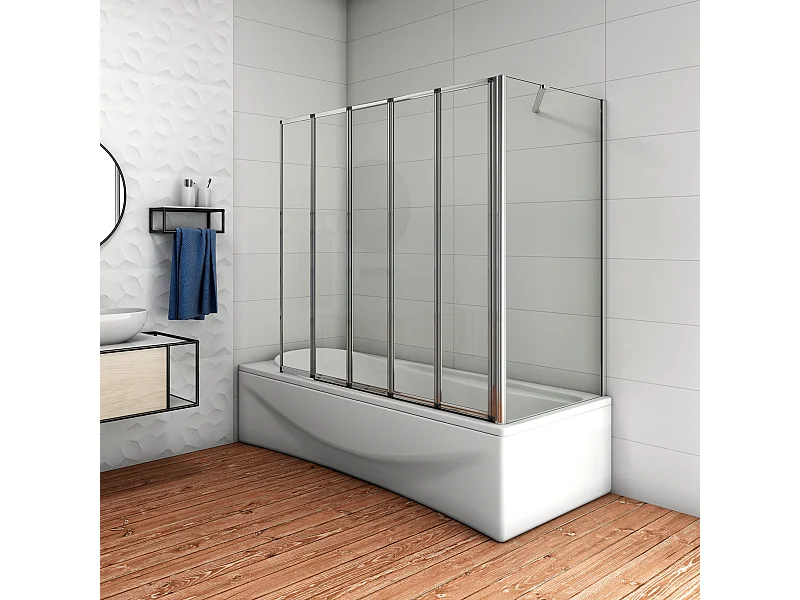 H.140 cm Parete Doccia Sopravasca Angolare Pieghevole 120 cm (5 Antine）con Parete Laterale 65 cm Vetro Temperato Telaio Cromato Lucido