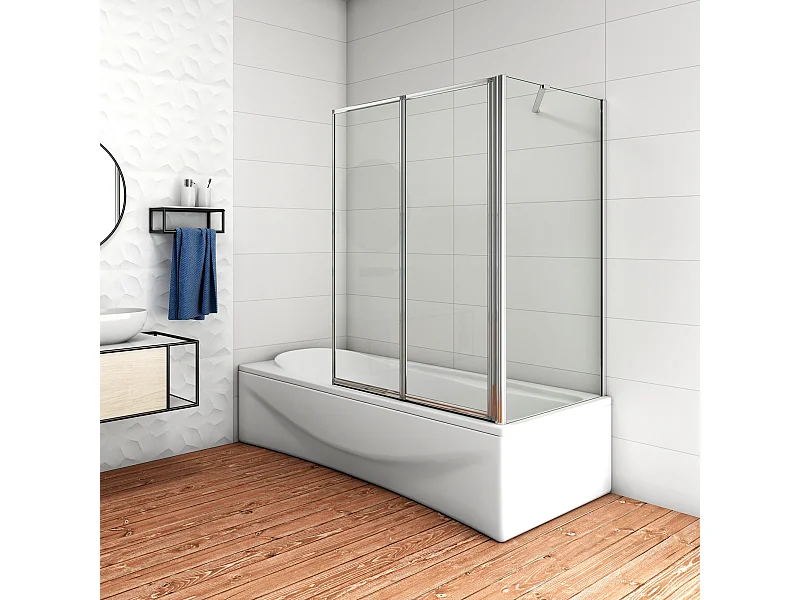 H.140 cm Parete Doccia Sopravasca Angolare Pieghevole 120 cm (2 Antine）con Parete Laterale 65 cm Vetro Temperato Telaio Cromato Lucido