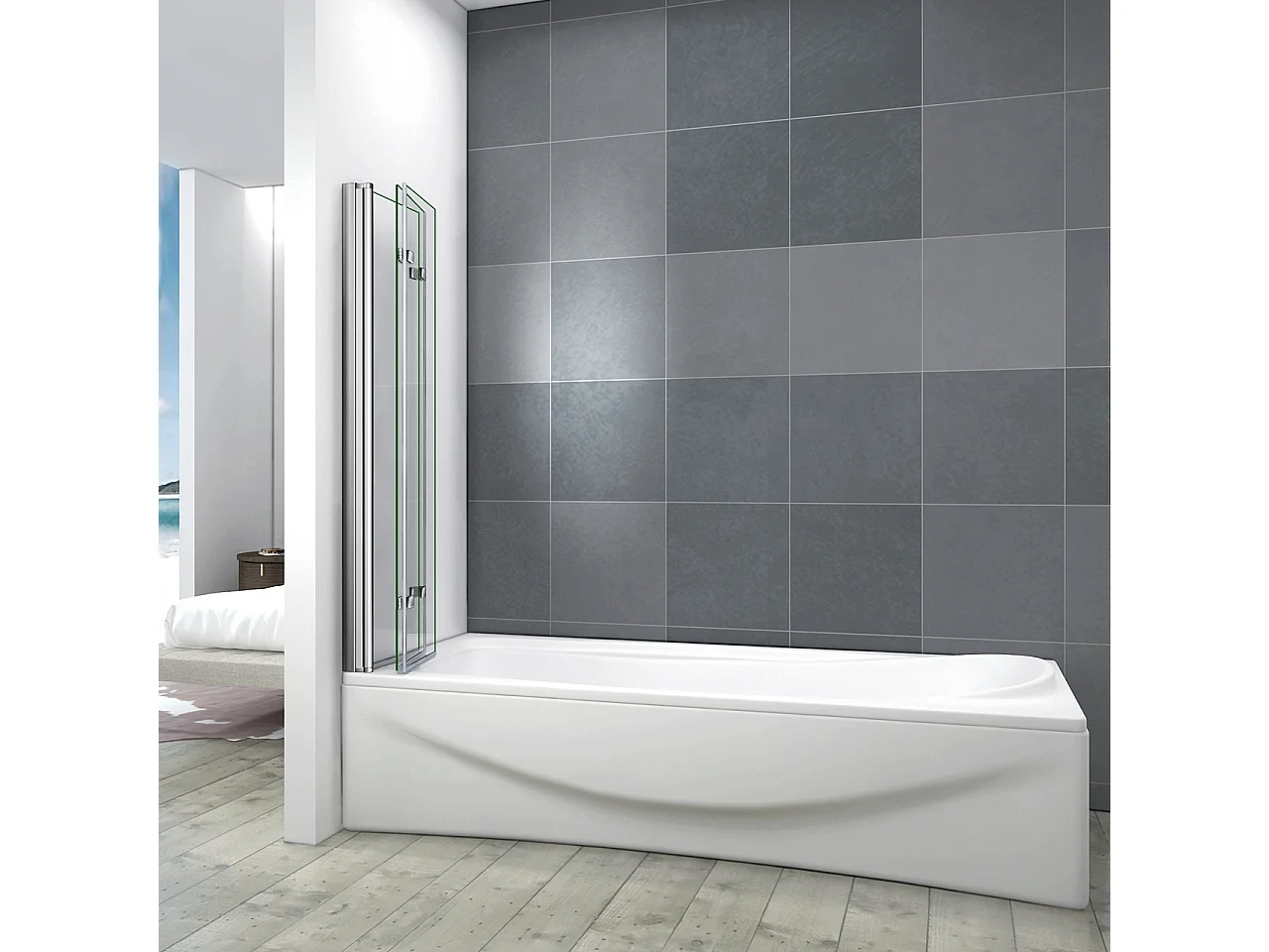 130x140cm Parete Per Vasca Doccia Tre Ante Movibili Pieghevoli a Libro Vetro Temperato 6 mm Anticalcare Telaio Cromato Lucido