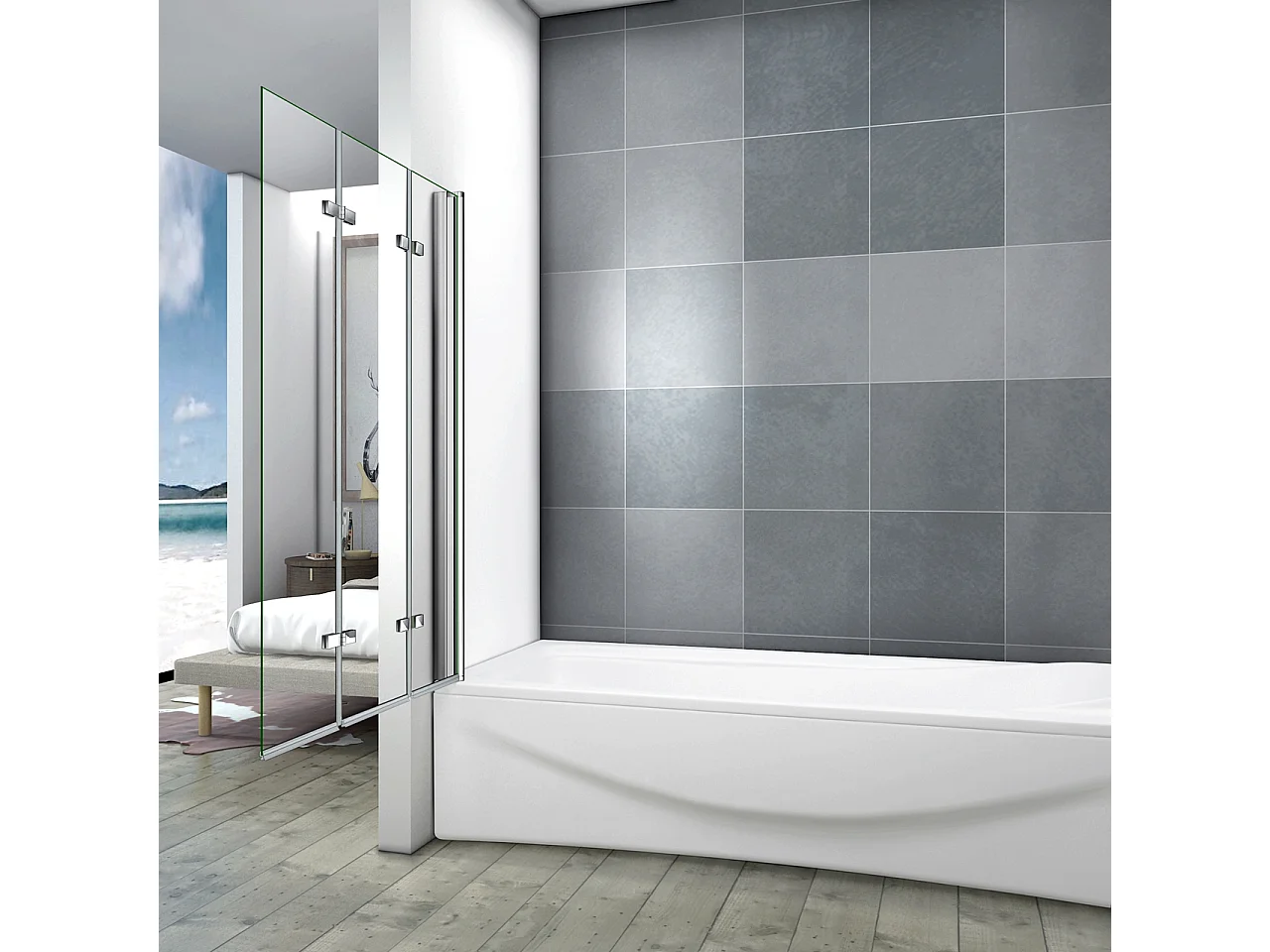 130x140cm Parete Per Vasca Doccia Tre Ante Movibili Pieghevoli a Libro Vetro Temperato 6 mm Anticalcare Telaio Cromato Lucido