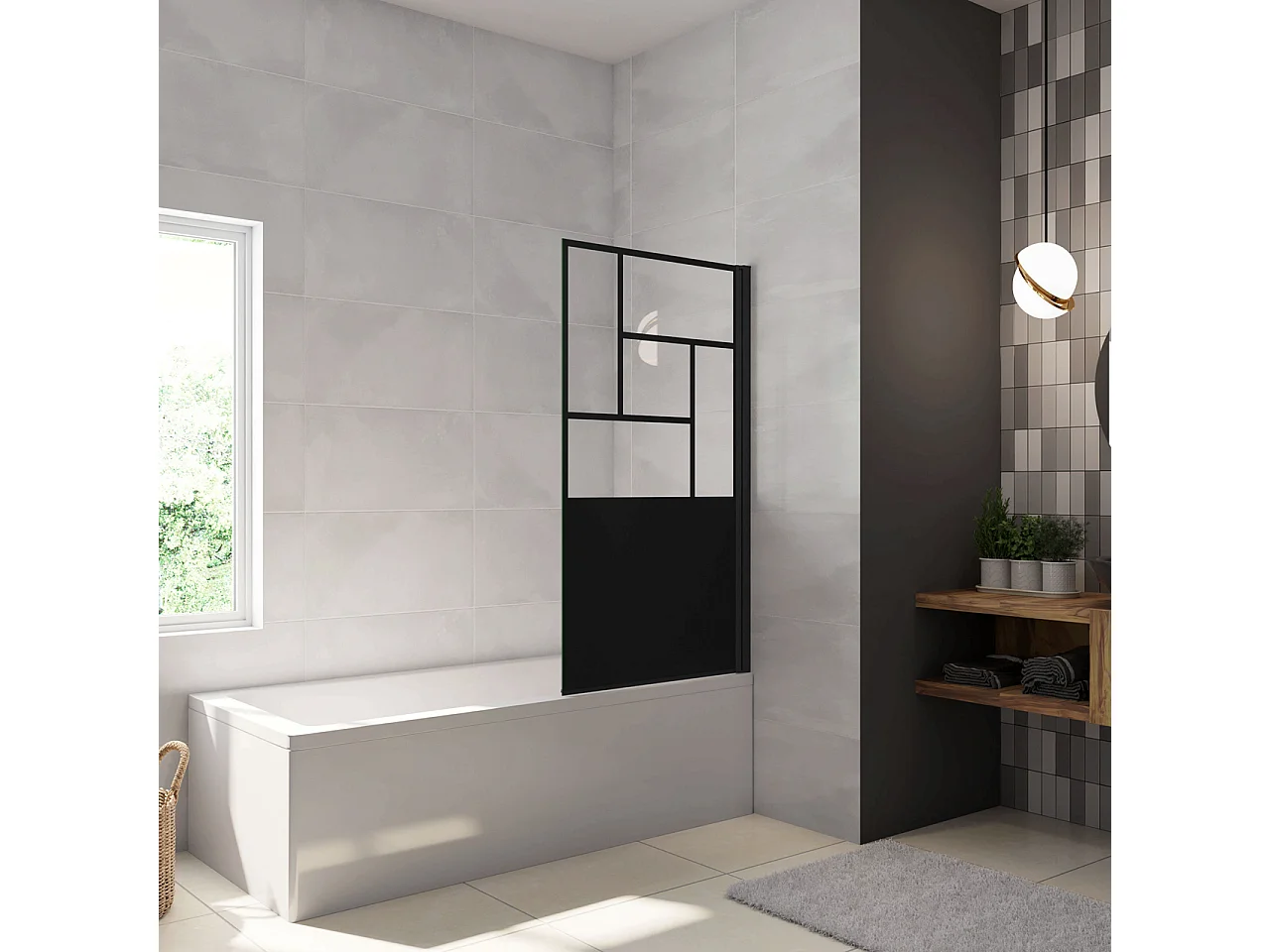 Parete Vasca Doccia 70xh.140cm Sopravasca Pannello Girevole in Vetro Temperato 4 mm Semitrasparente Riquadri Neri Serigrafato