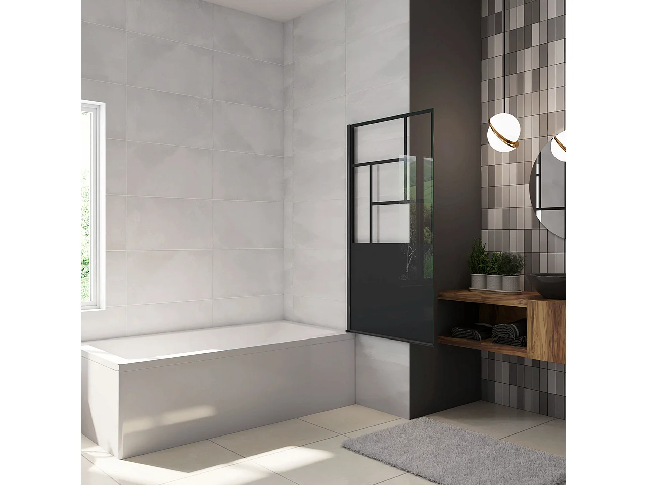 Parete Vasca Doccia 70xh.140cm Sopravasca Pannello Girevole in Vetro Temperato 4 mm Semitrasparente Riquadri Neri Serigrafato