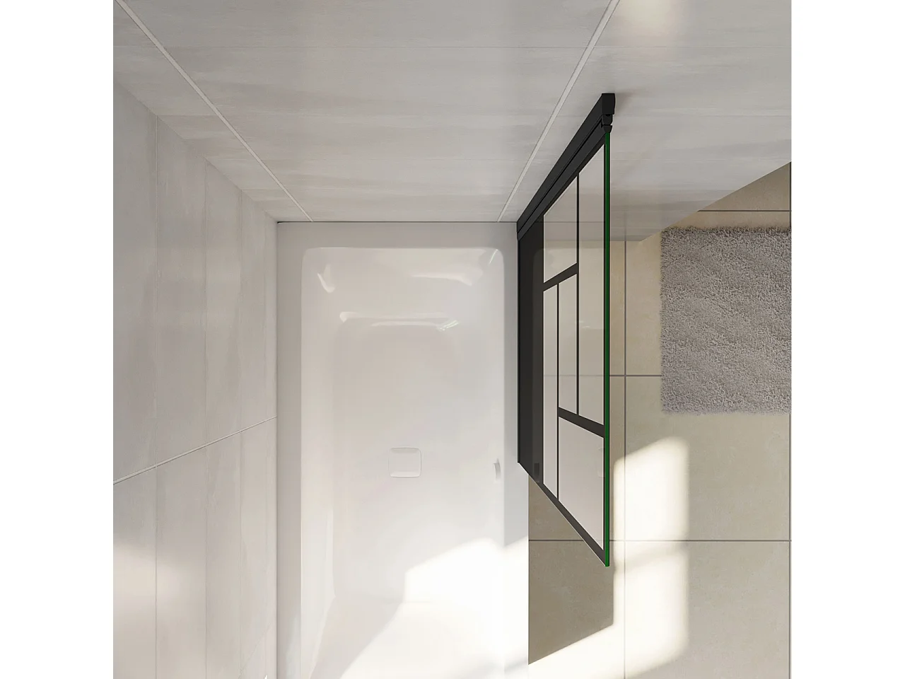 Parete Vasca Doccia 70xh.140cm Sopravasca Pannello Girevole in Vetro Temperato 4 mm Semitrasparente Riquadri Neri Serigrafato