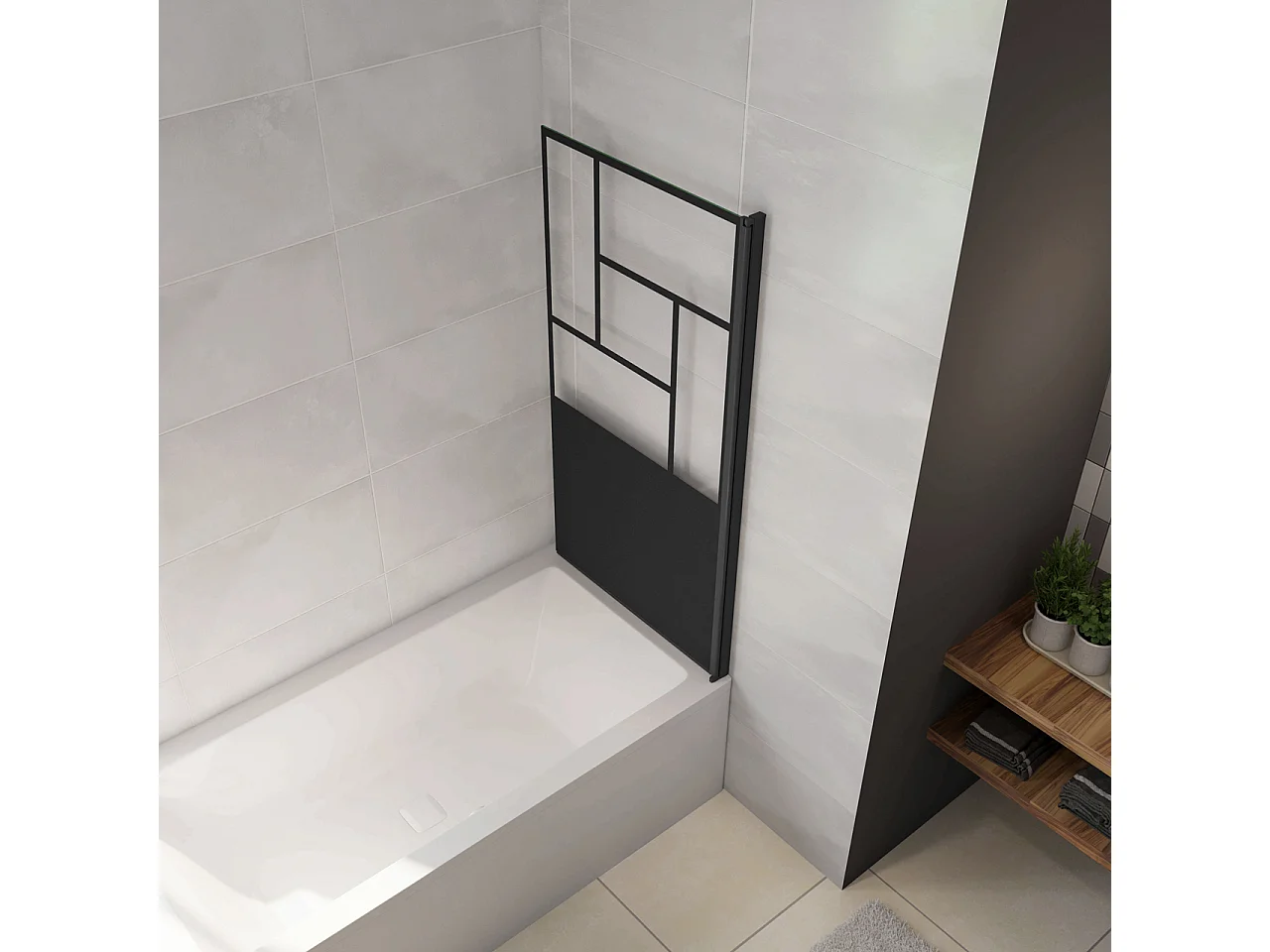 Parete Vasca Doccia 70xh.140cm Sopravasca Pannello Girevole in Vetro Temperato 4 mm Semitrasparente Riquadri Neri Serigrafato