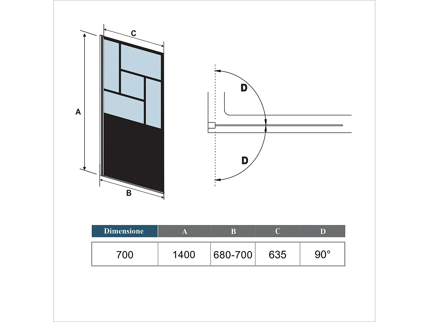 Parete Vasca Doccia 70xh.140cm Sopravasca Pannello Girevole in Vetro Temperato 4 mm Semitrasparente Riquadri Neri Serigrafato