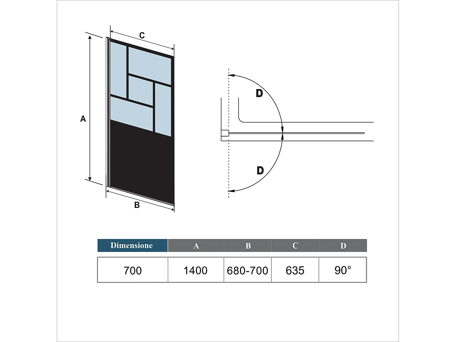 Parete Vasca Doccia 70xh.140cm Sopravasca Pannello Girevole in Vetro Temperato 4 mm Semitrasparente Riquadri Neri Serigrafato