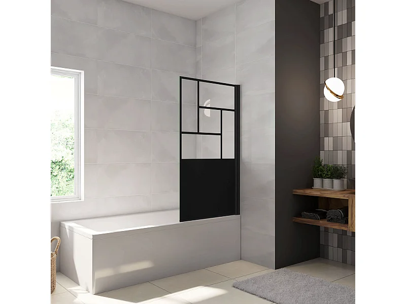 Parete Vasca Doccia 70xh.140cm Sopravasca Pannello Girevole in Vetro Temperato 4 mm Semitrasparente Riquadri Neri Serigrafato