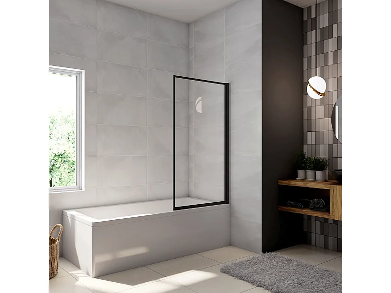 Parete Vasca Doccia 70xh.140cm Sopravasca Anta Girevole in Vetro Temperato 4 mm Trasparente con Bordo Nero Serigrafato