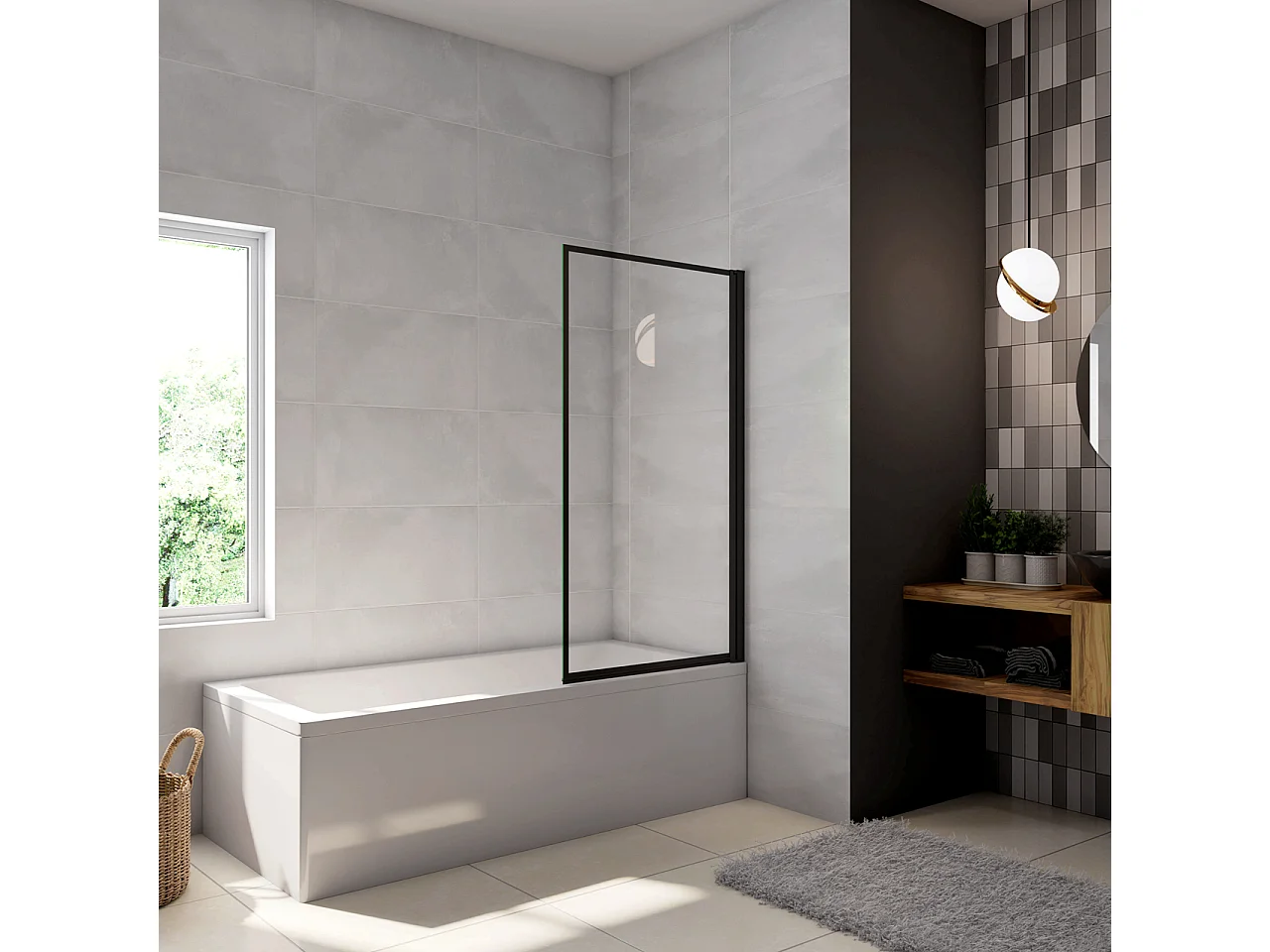 Parete Vasca Doccia 70xh.140cm Sopravasca Anta Girevole in Vetro Temperato 4 mm Trasparente con Bordo Nero Serigrafato