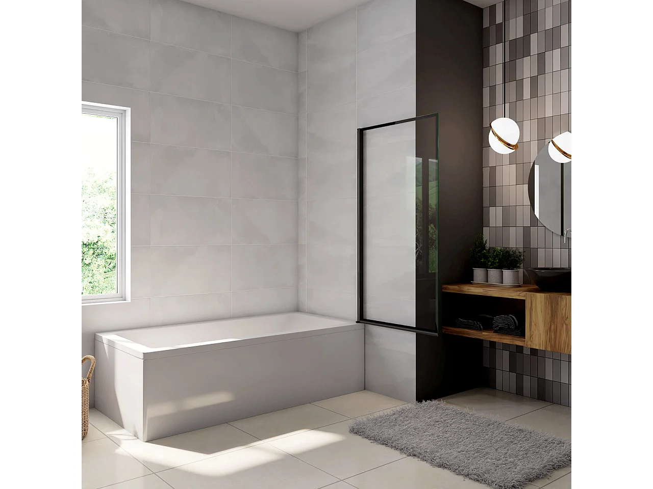 Parete Vasca Doccia 70xh.140cm Sopravasca Anta Girevole in Vetro Temperato 4 mm Trasparente con Bordo Nero Serigrafato