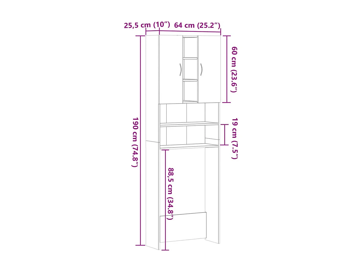 Armário para máquina de lavar Sonoma cinza 64x25,5x190 cm
