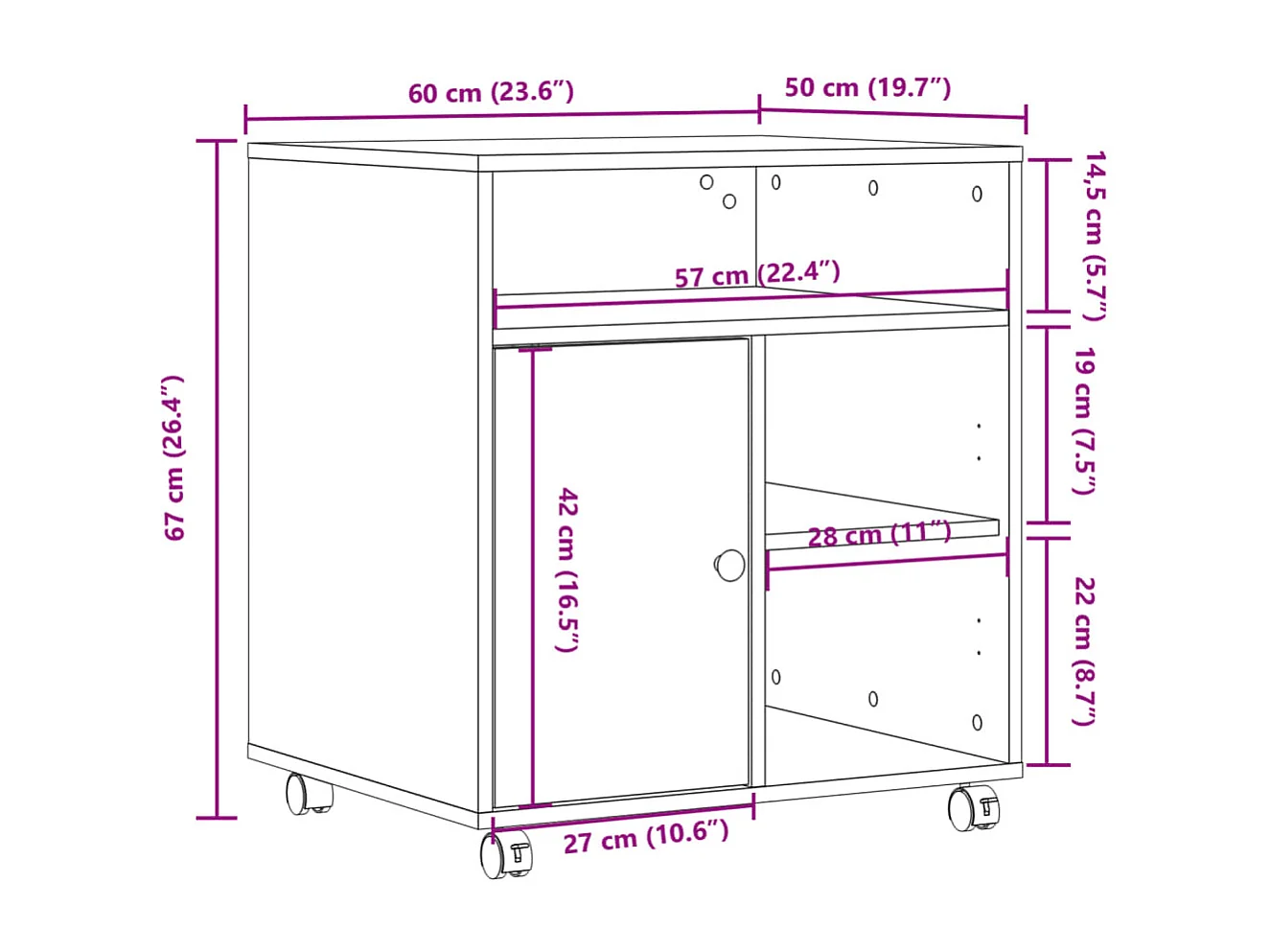 Supporto per stampante con ruote bianco 60x50x67 cm