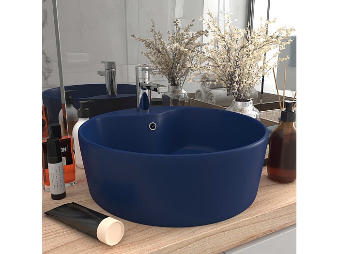 Lavabo Da Appoggio In Ceramica Blu Chiaro Opaco - 36x13 Cm, Con Troppopieno E Foro Rubinetto