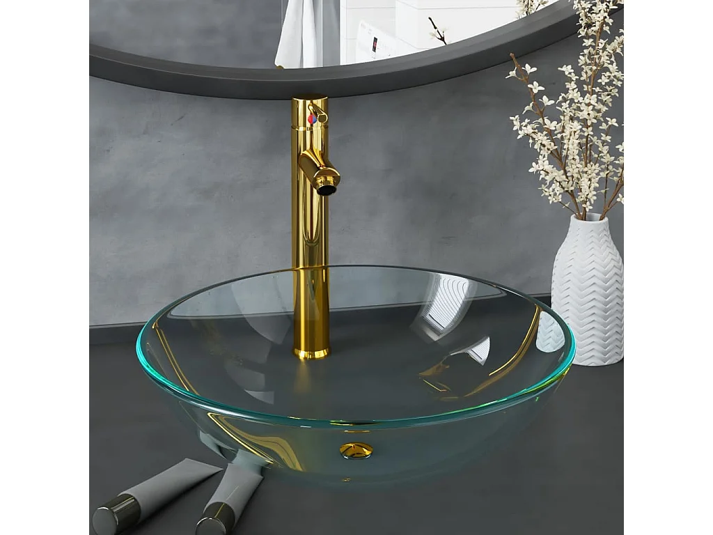 Lavabo de bain avec robinet et drain à poussoir Verre trempé