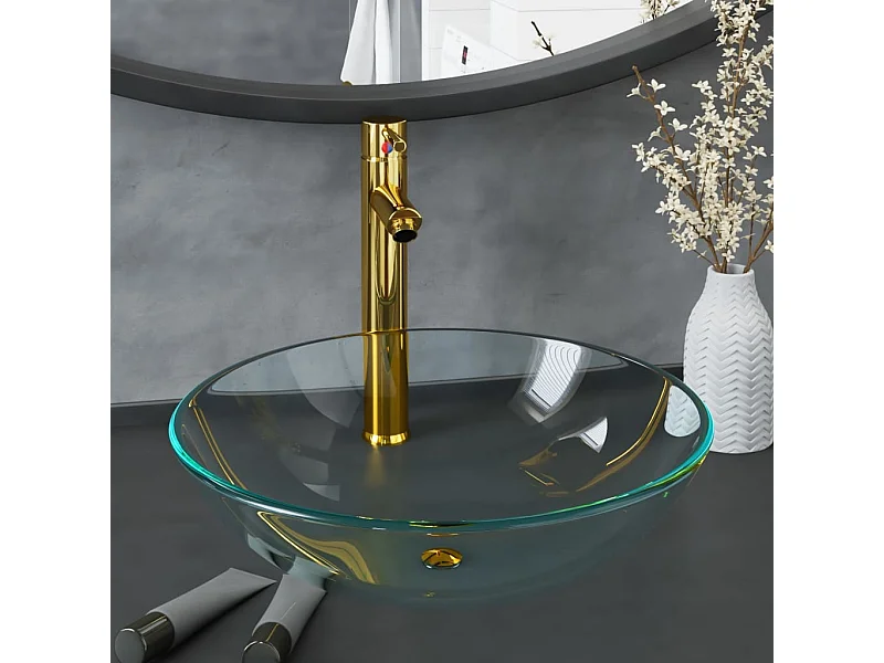 Lavabo de bain avec robinet et drain à poussoir Verre trempé