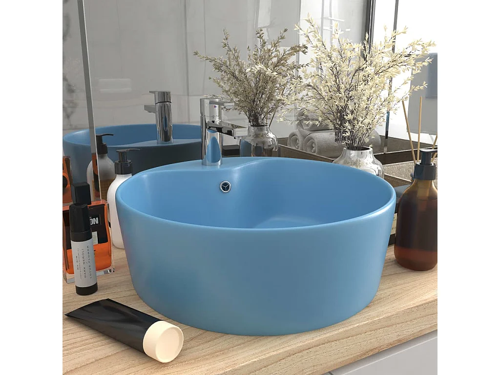 Lavabo de luxe avec trop-plein Bleu clair mat 36x13cm Céramique
