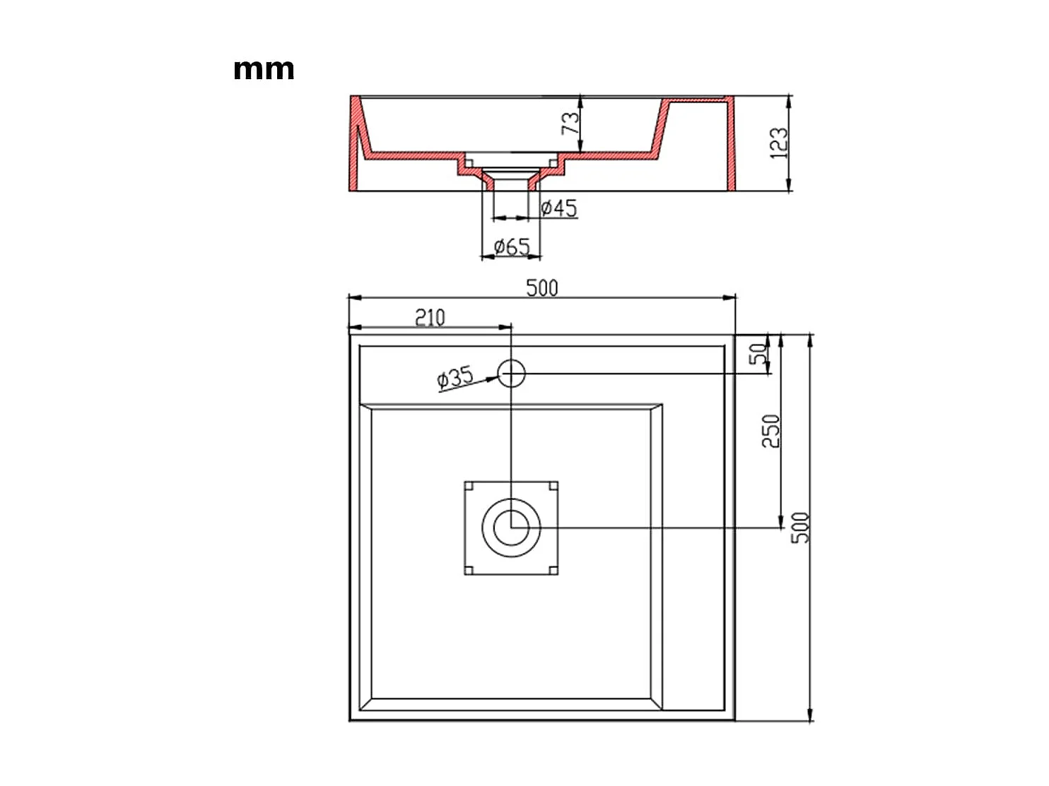Lavabo 50x50x12,3 cm Fonte minérale/marbre Blanc