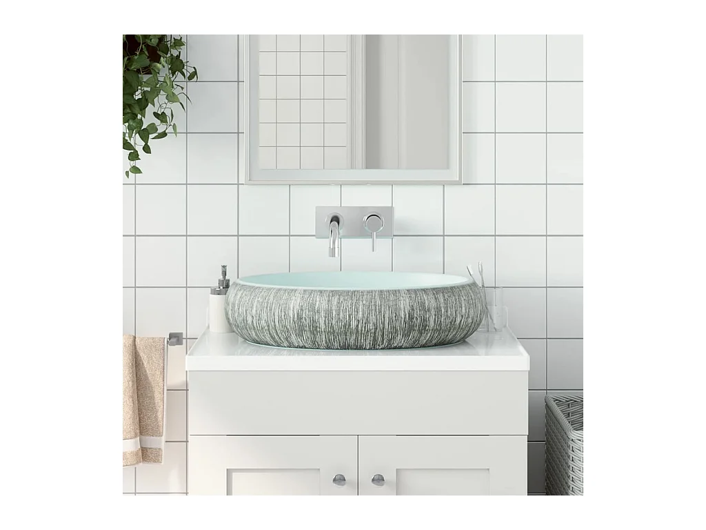 Pia de bancada oval cinza e azul 59x40x15 cm cerâmica