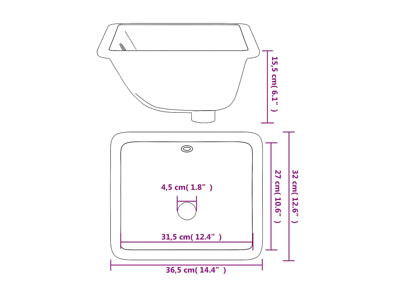 Évier de salle de bain blanc rectangulaire céramique