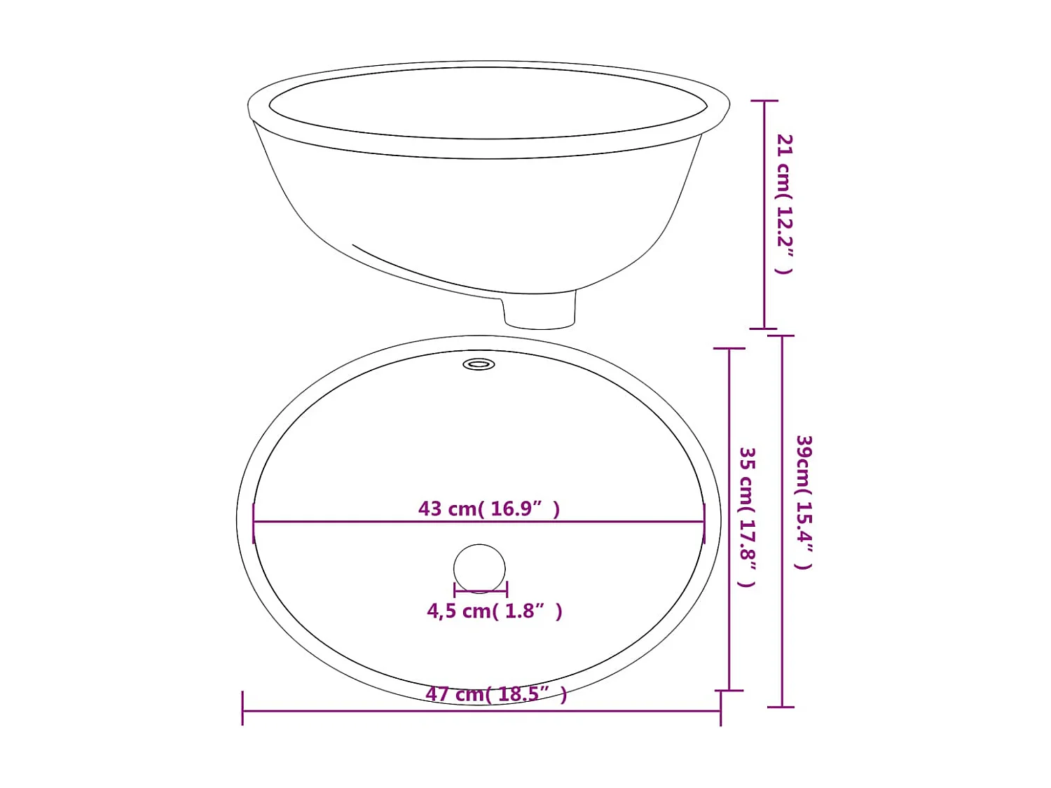 Lavabo bagno bianco 47x39x21 cm ovale in ceramica