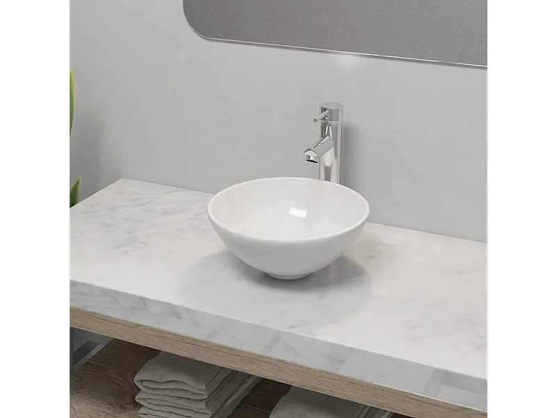 Lavabo de salle de bain avec mitigeur Céramique Rond Blanc