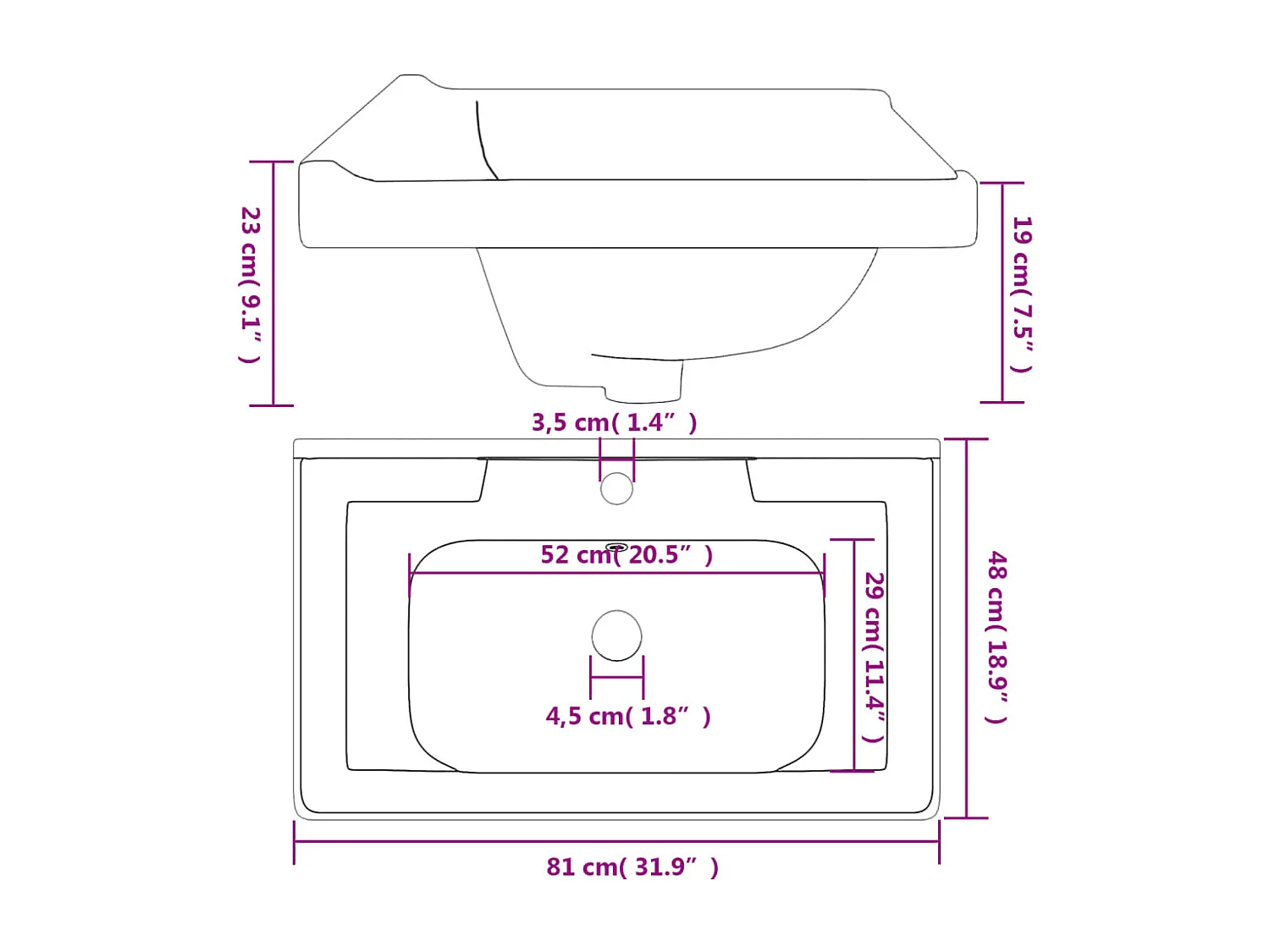Évier de salle de bain blanc 81x48x23cm rectangulaire céramique