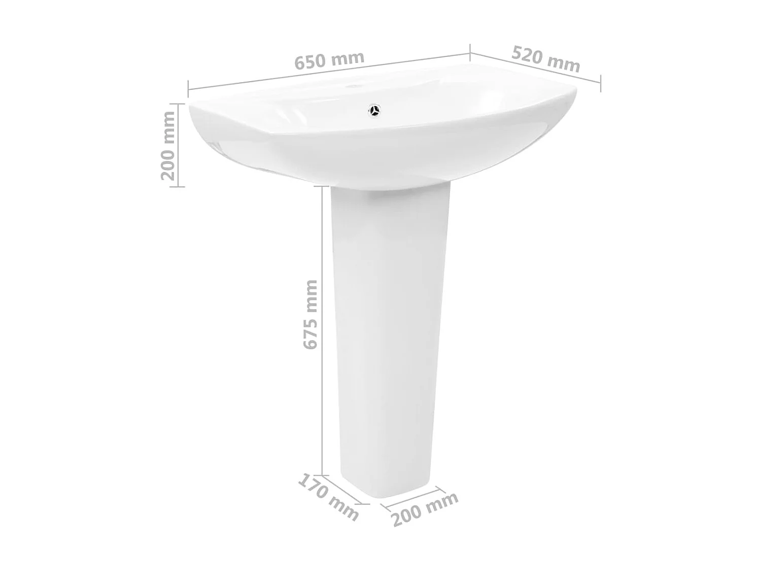 Freistehendes Waschbecken mit weißem Keramiksockel 650 x 520 x 200 mm