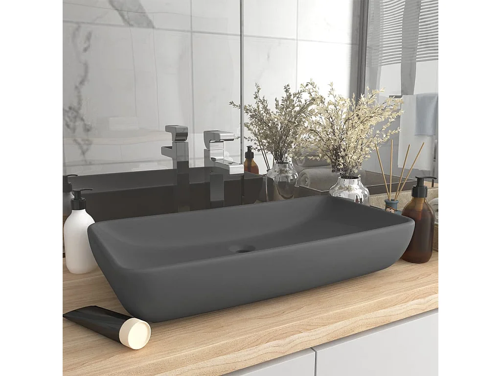 Pia retangular luxuosa cinza escuro fosco 71x38 cm cerâmica