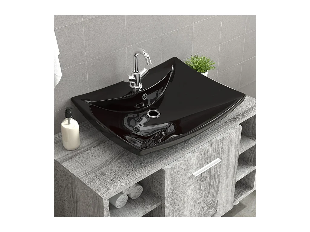 Lavabo di lusso rettangolare in ceramica nera con troppopieno e foro
