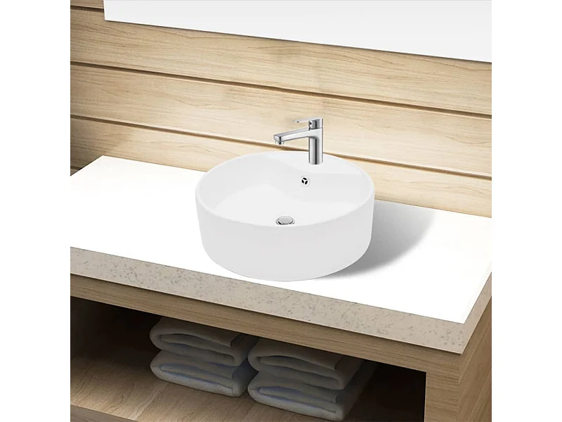 Lavabo à trou de trop-plein/robinet céramique Blanc Rond