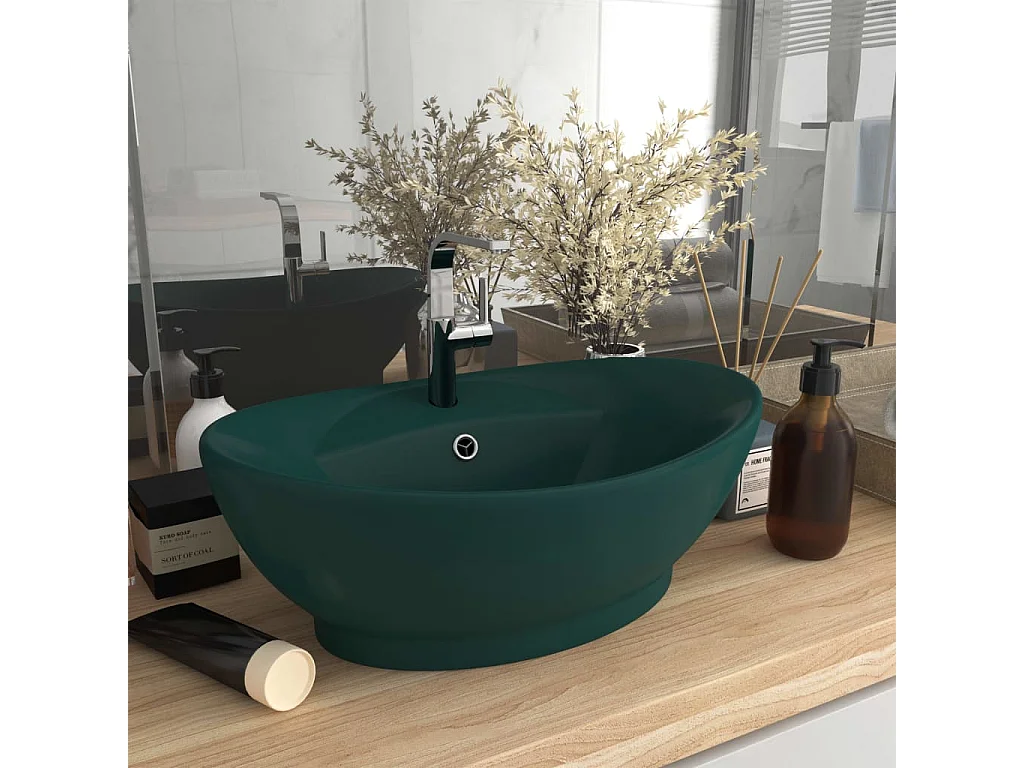 Lavabo ovalado con rebosadero Verde oscuro mate 58,5x39 cm Cerámica