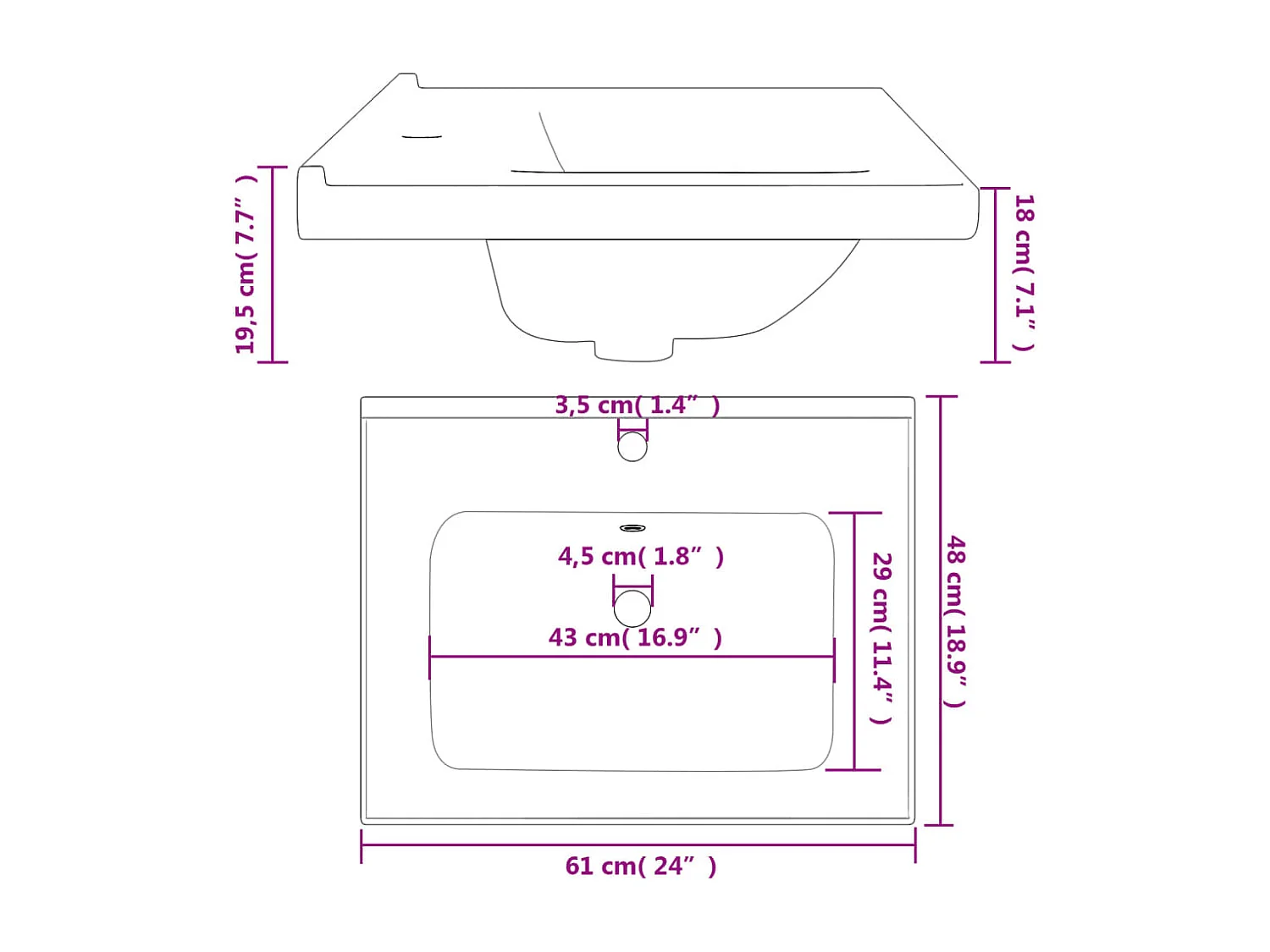 Évier salle de bain blanc 61x48x19,5 cm rectangulaire céramique