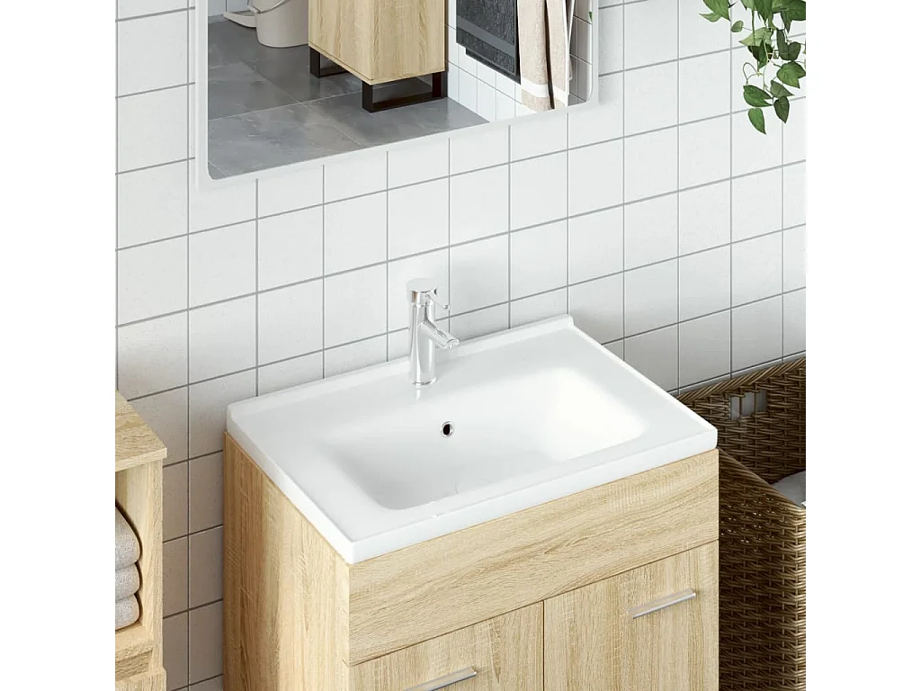 Weißes Waschbecken aus rechteckiger Keramik, 61 x 48 x 19,5 cm