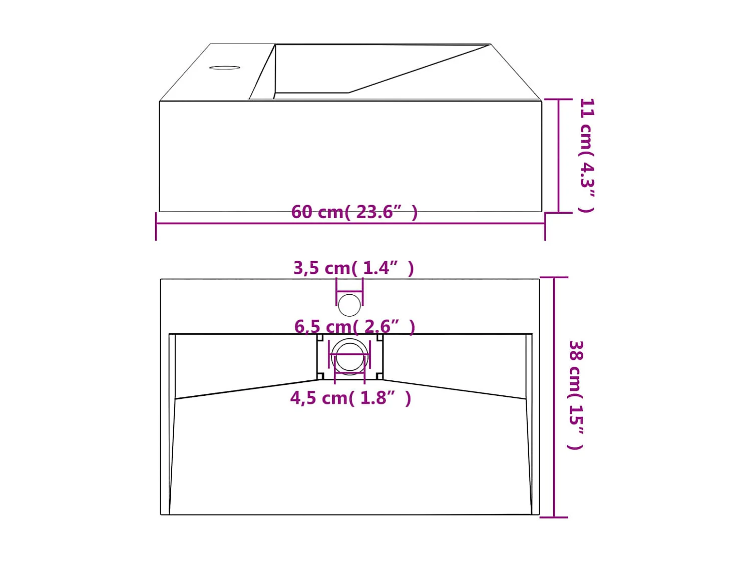 Lavabo 60x38x11 cm colata minerale/marmo antracite