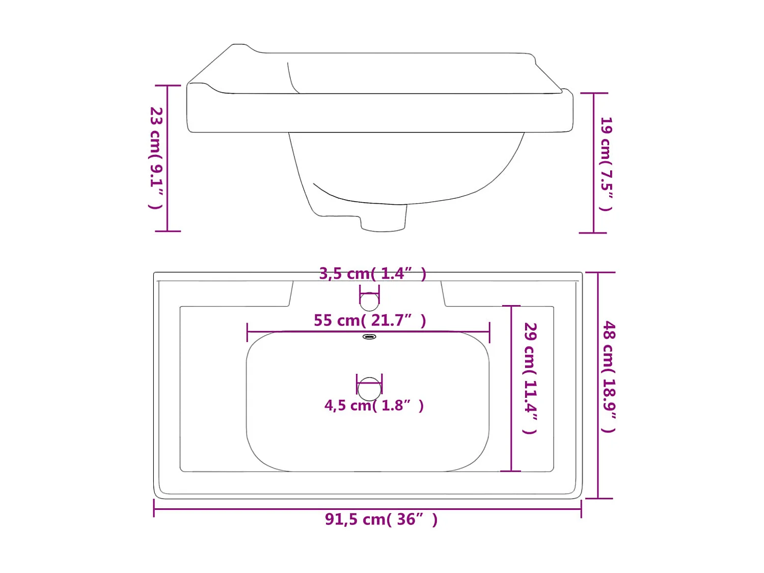 Évier salle de bain blanc 91,5x48x23 cm rectangulaire céramique
