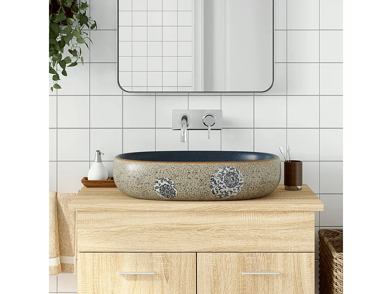Lavabo da appoggio ovale sabbia e blu 59x40x14 cm in ceramica