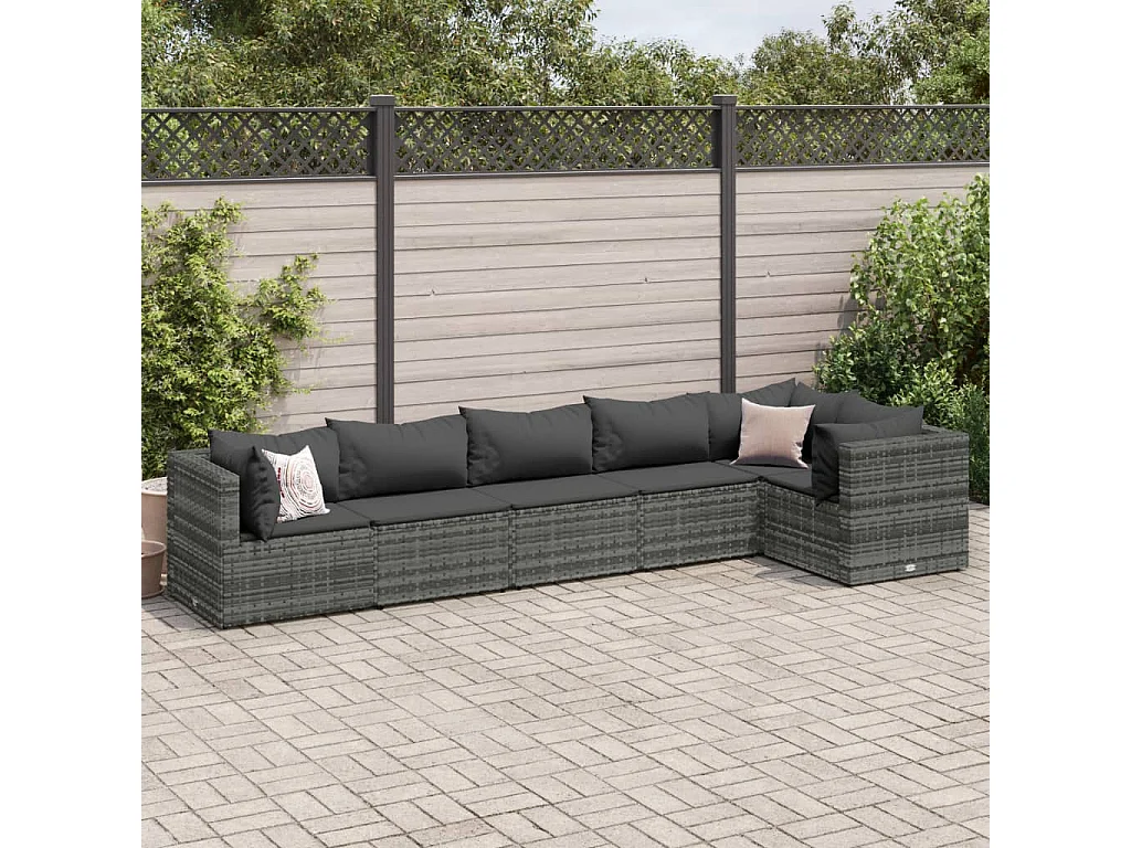Salon de jardin 6 pcs avec coussins Gris Résine tressée