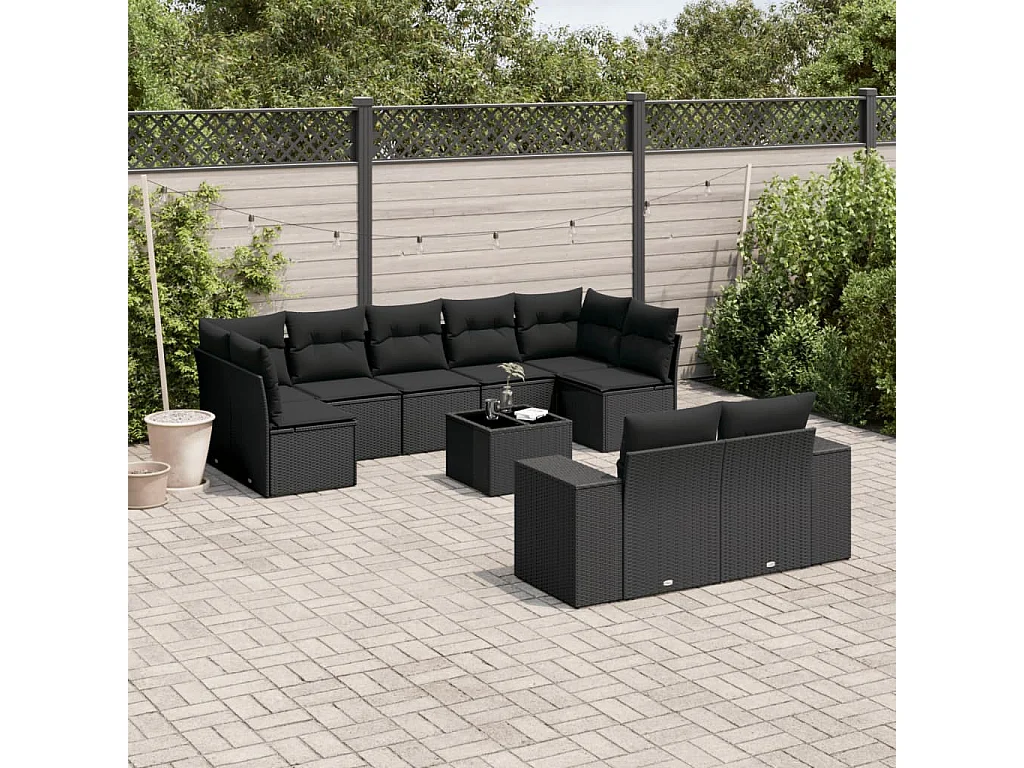 Salon de jardin 10 pcs avec coussins noir résine tressée