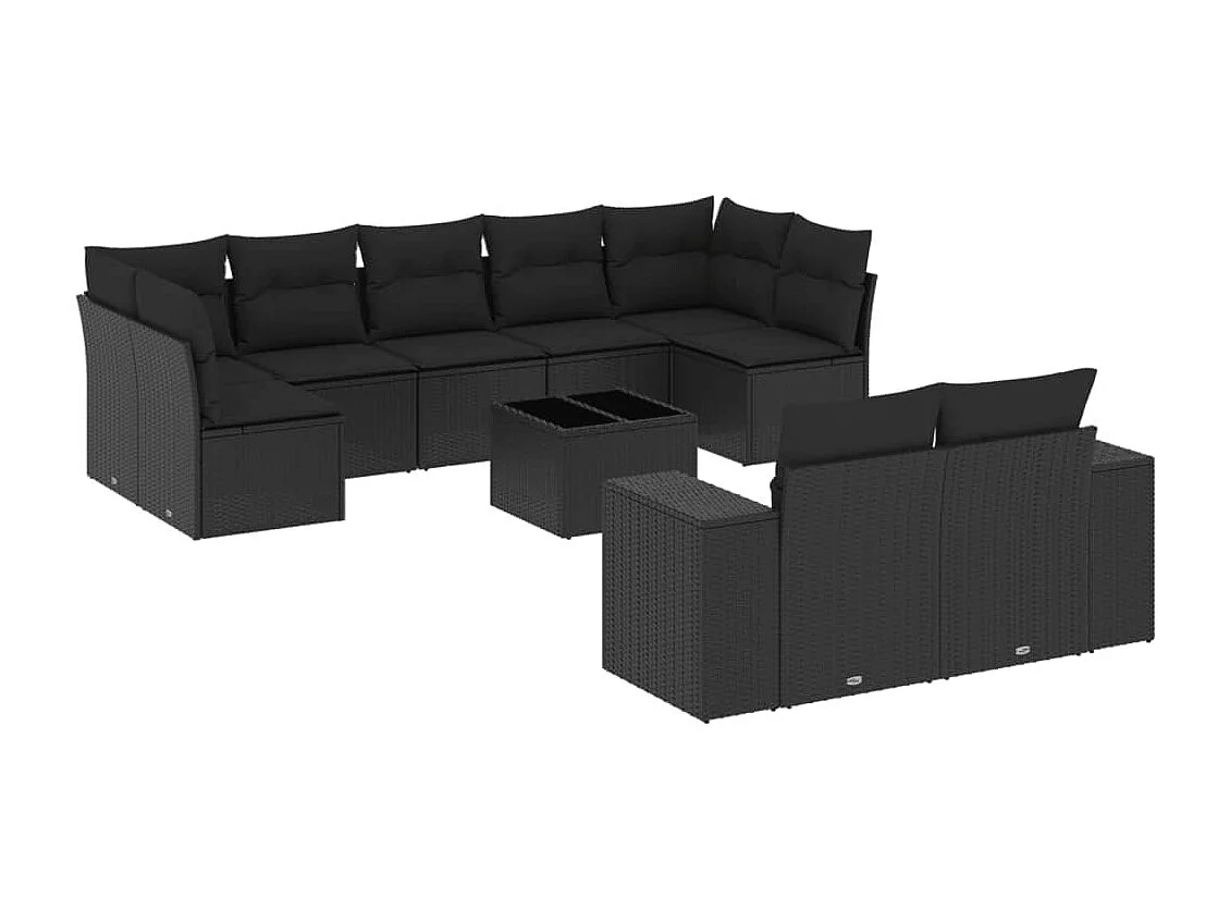 Salon de jardin 10 pcs avec coussins noir résine tressée