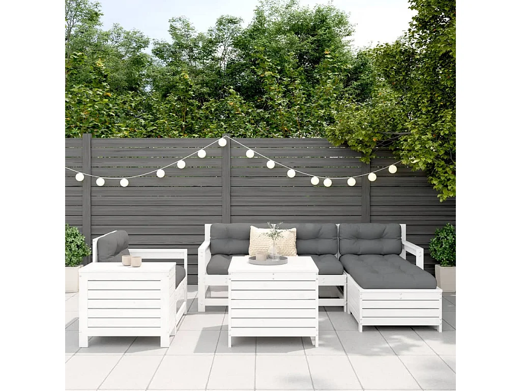 Salon de jardin 7 pcs blanc bois de pin massif